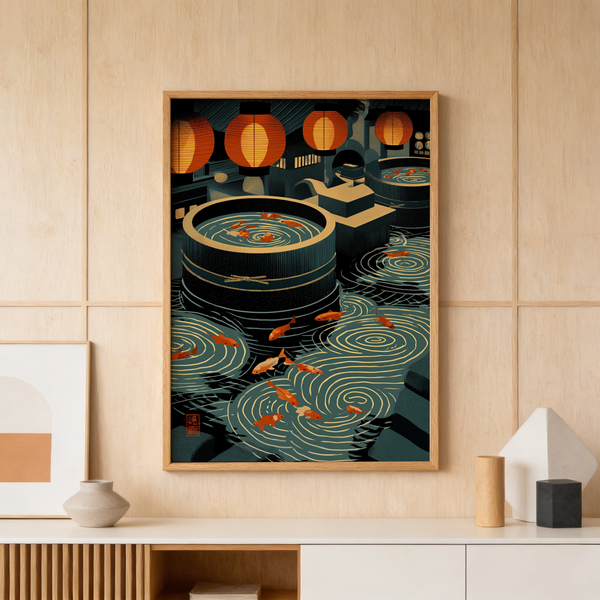 Japanese Koi Art Print poster showing orange koi and concentric water ripples