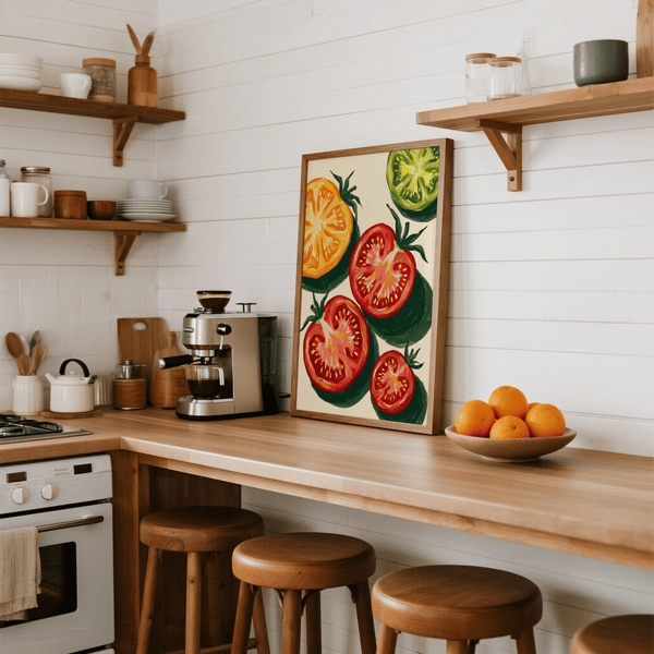 Italian Tomatoes Print featuring multicolored tomatoes, wall art for dining room