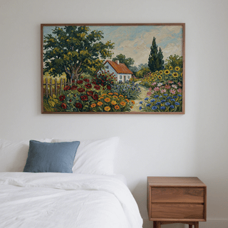 Charming Cottage Garden Art Print in multicolored tones for dining room wall art