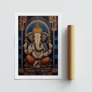 Featuring a seated Ganesha print poster with ornate crown and four hands