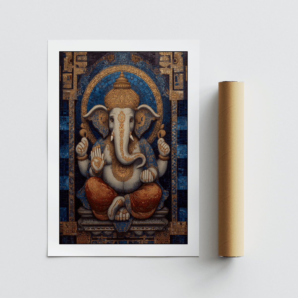 Featuring a seated Ganesha print poster with ornate crown and four hands