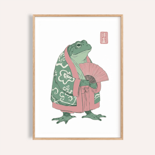 Illustrated frog wall art print in kimono holding a folding fan