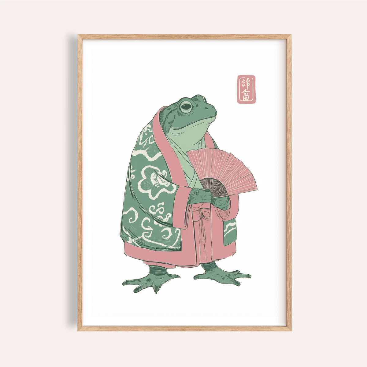 Illustrated frog wall art print in kimono holding a folding fan