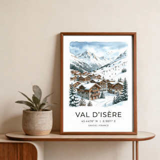 Detailed chalet town wall art print with evergreen trees and ski slope