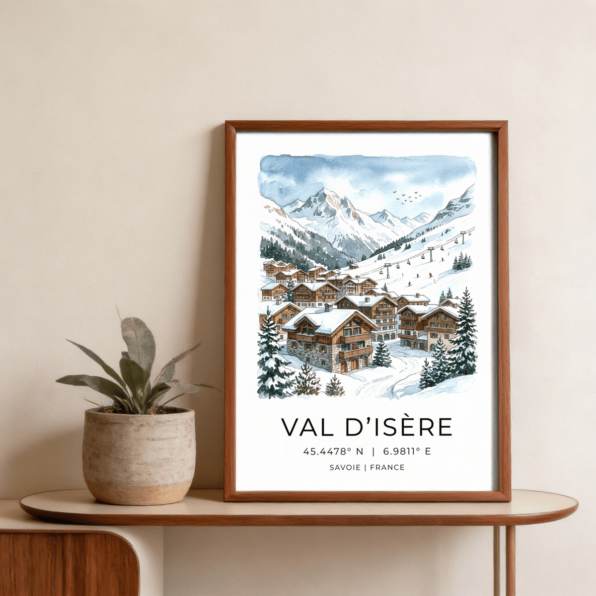 Detailed chalet town wall art print with evergreen trees and ski slope