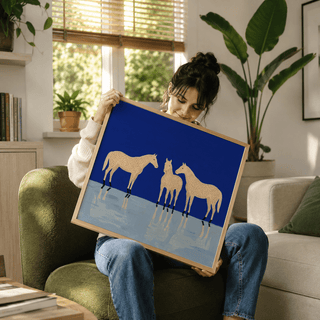 Simplified horse poster print with repeating dot pattern across the bodies and reflective floor