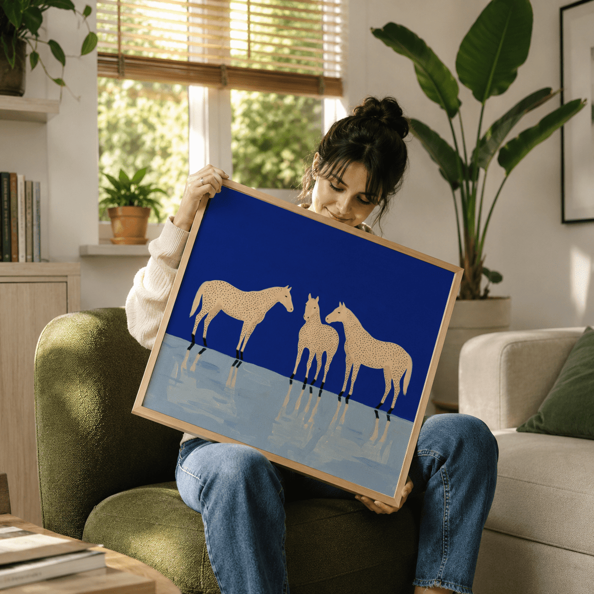 Simplified horse poster print with repeating dot pattern across the bodies and reflective floor