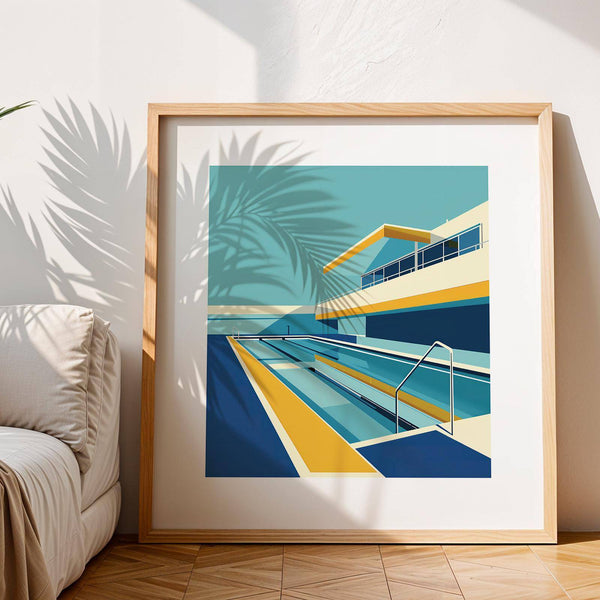 Poolside art print in blue and yellow tones