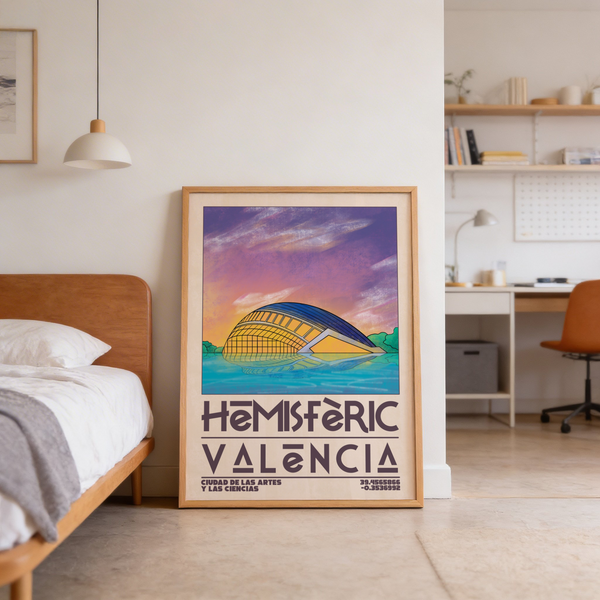 Framed travel poster illustrating a Mediterranean street curve and iron balconies