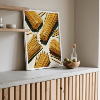 Artistic Spaghetti Wall Art print for kitchen featuring yellow details
