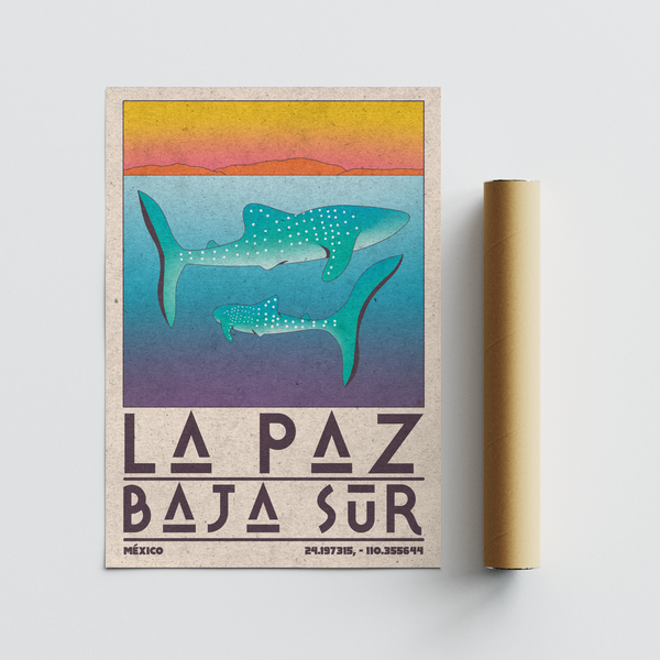 Flat graphic marine scene with dotted whale sharks and distant landform outline