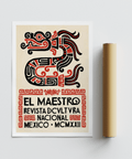 Decorative border poster print with patterned serpent figure and Spanish lettering