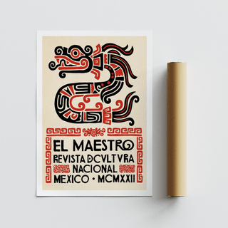 Decorative border poster print with patterned serpent figure and Spanish lettering