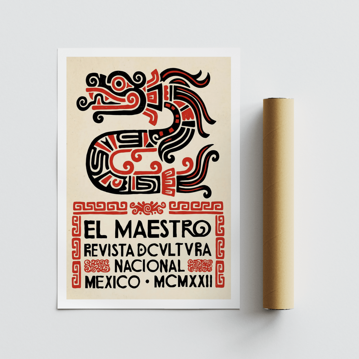 Decorative border poster print with patterned serpent figure and Spanish lettering