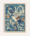 Featuring a crane with spread wings, Traditional Tsuru Print wall art poster with wave and cloud motifs