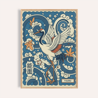 Featuring a crane with spread wings, Traditional Tsuru Print wall art poster with wave and cloud motifs