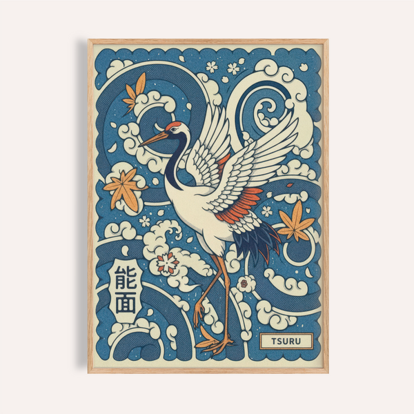 Featuring a crane with spread wings, Traditional Tsuru Print wall art poster with wave and cloud motifs