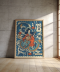 Illustration poster of a seated deity, coiling dragon, and ornamental textures