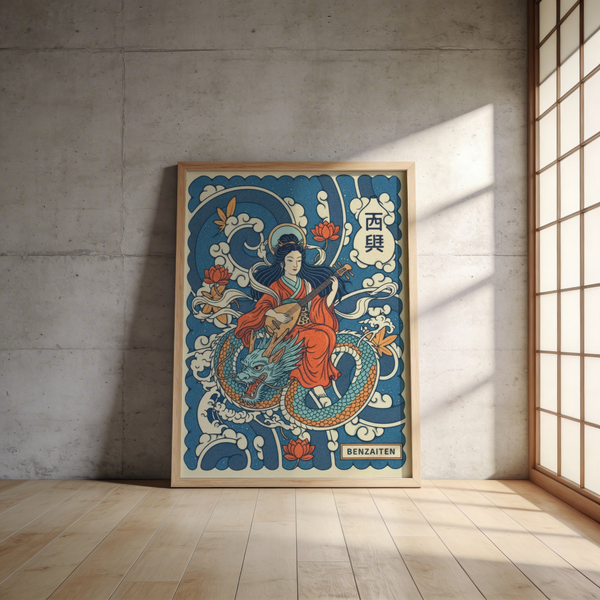Illustration poster of a seated deity, coiling dragon, and ornamental textures