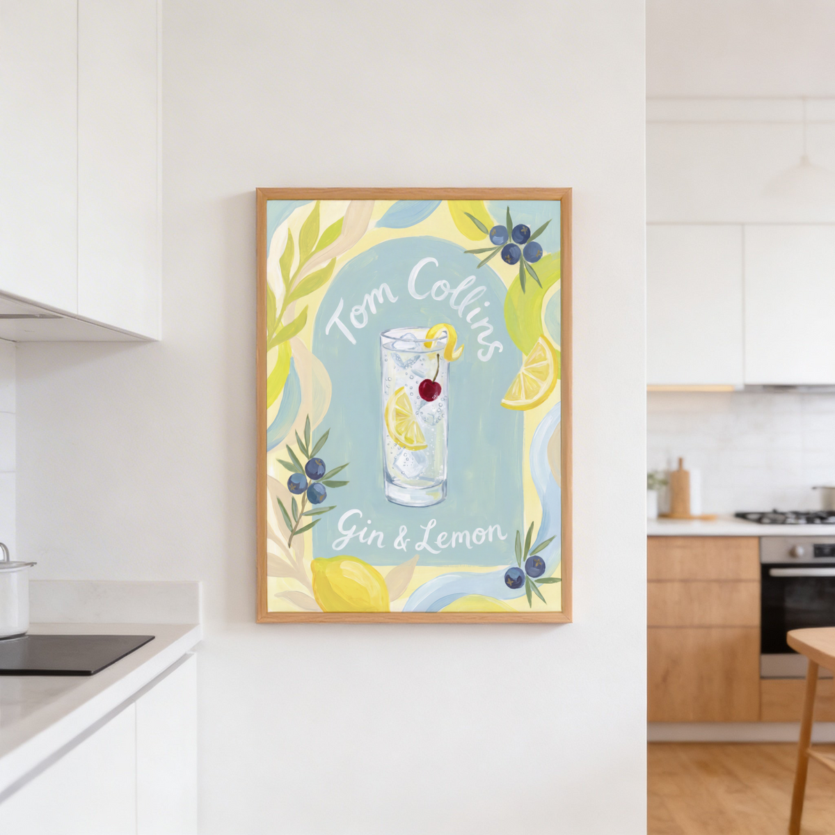 Kitchen cocktail wall art print with Tom Collins script, gin & lemon text, and fruit border
