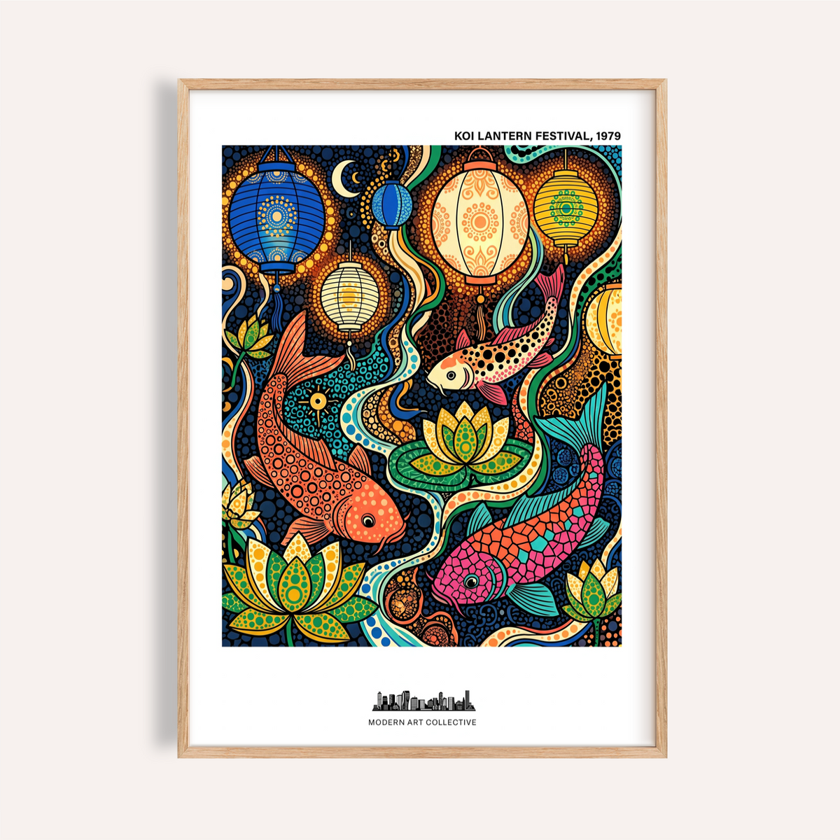 Featuring lanterns above koi, decorative wall art poster with lotus flowers and flowing currents
