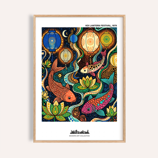 Featuring lanterns above koi, decorative wall art poster with lotus flowers and flowing currents