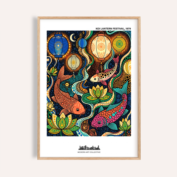 Featuring lanterns above koi, decorative wall art poster with lotus flowers and flowing currents