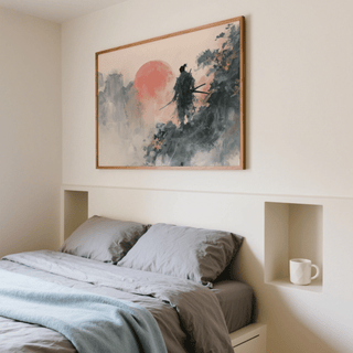 Abstract Warrior Poster showing Red sun, Black silhouette, for bedroom art print