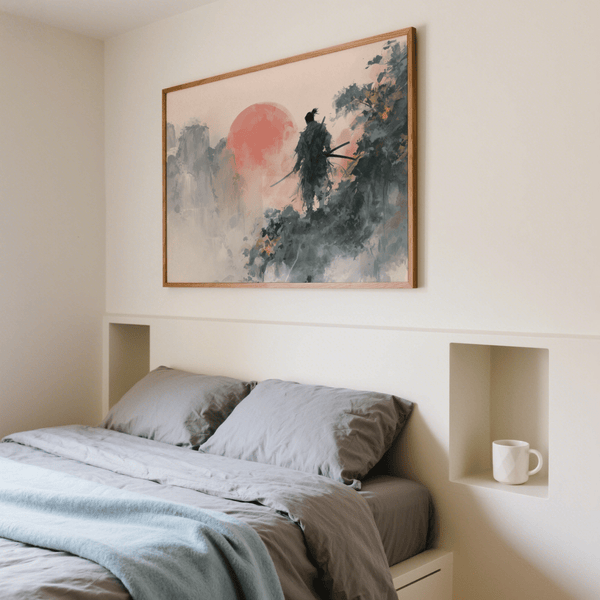 Abstract Warrior Poster showing Red sun, Black silhouette, for bedroom art print