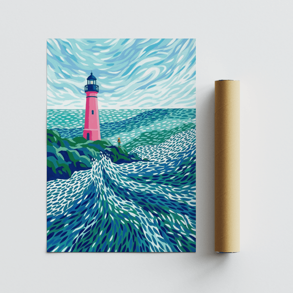 Modern Lighthouse Art wall art, perfect for office spaces with Blue and Green accents