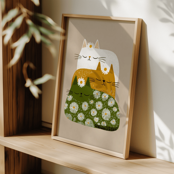 Sleeping Cats Art Print with daisies, suited for hallway wall art