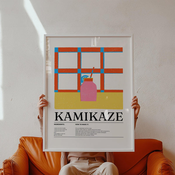 Kamikaze cocktail wall art drink print with red and blue grid background

