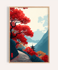 Framed Zen Mountain Poster hanging above wooden console