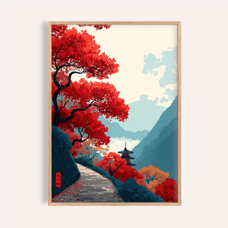 Framed Zen Mountain Poster hanging above wooden console