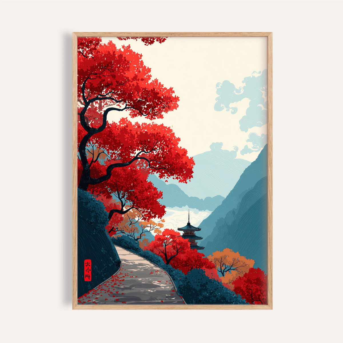 Framed Zen Mountain Poster hanging above wooden console