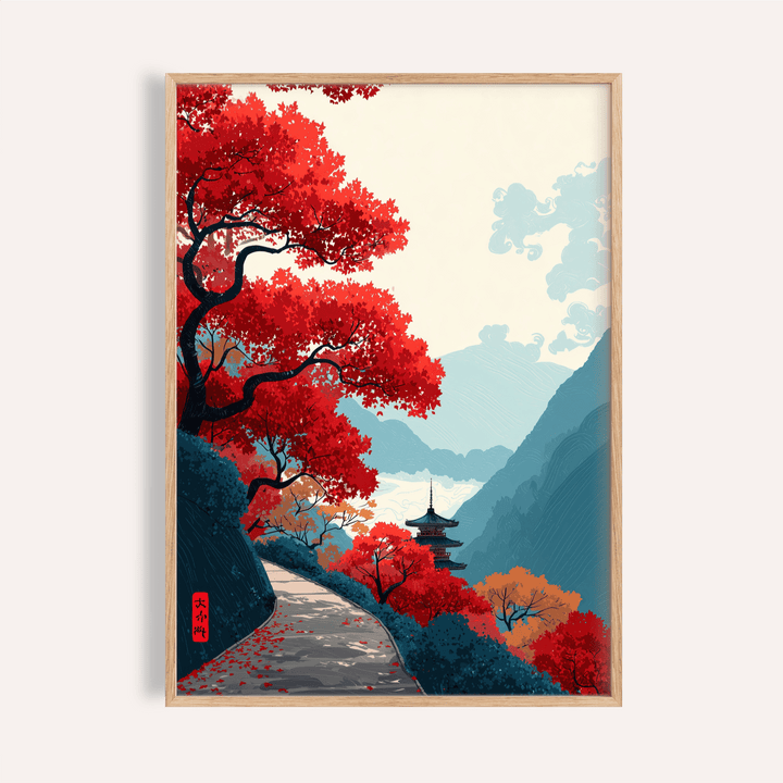 Framed Zen Mountain Poster hanging above wooden console