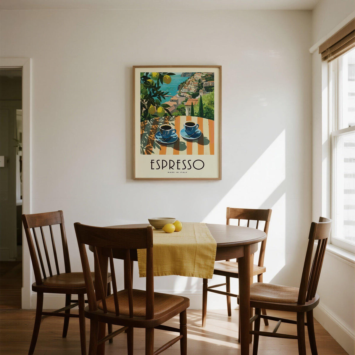 Art print showing lemons and blue espresso mugs in an Italian setting