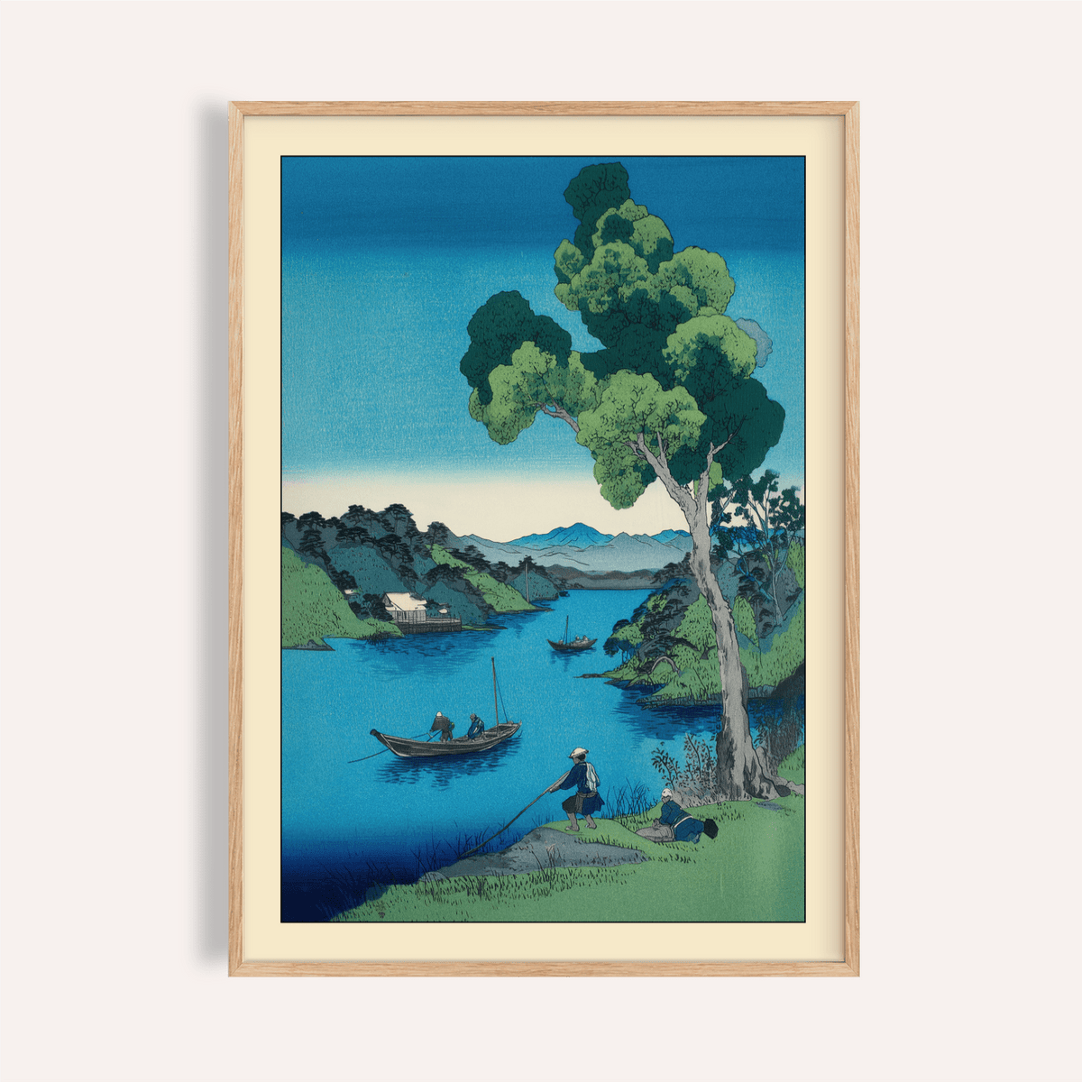 Hasui Kawase bay print of calm inlet with hillside background