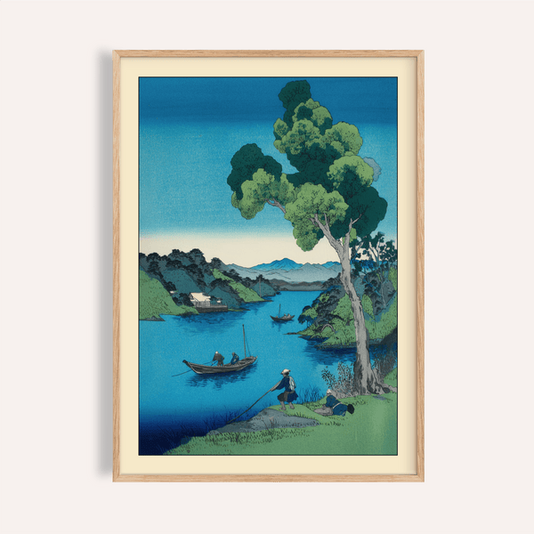 Hasui Kawase bay print of calm inlet with hillside background