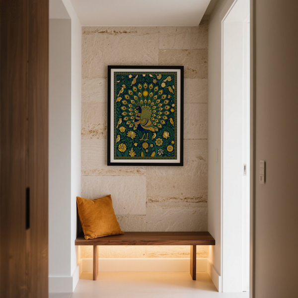 Graphic Peacock Art Print with central bird framed by patterned border