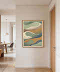 Modern abstract golf wall art print with flowing shapes and dashed shot line
