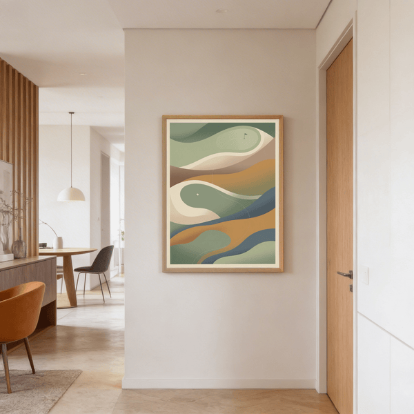 Modern abstract golf wall art print with flowing shapes and dashed shot line