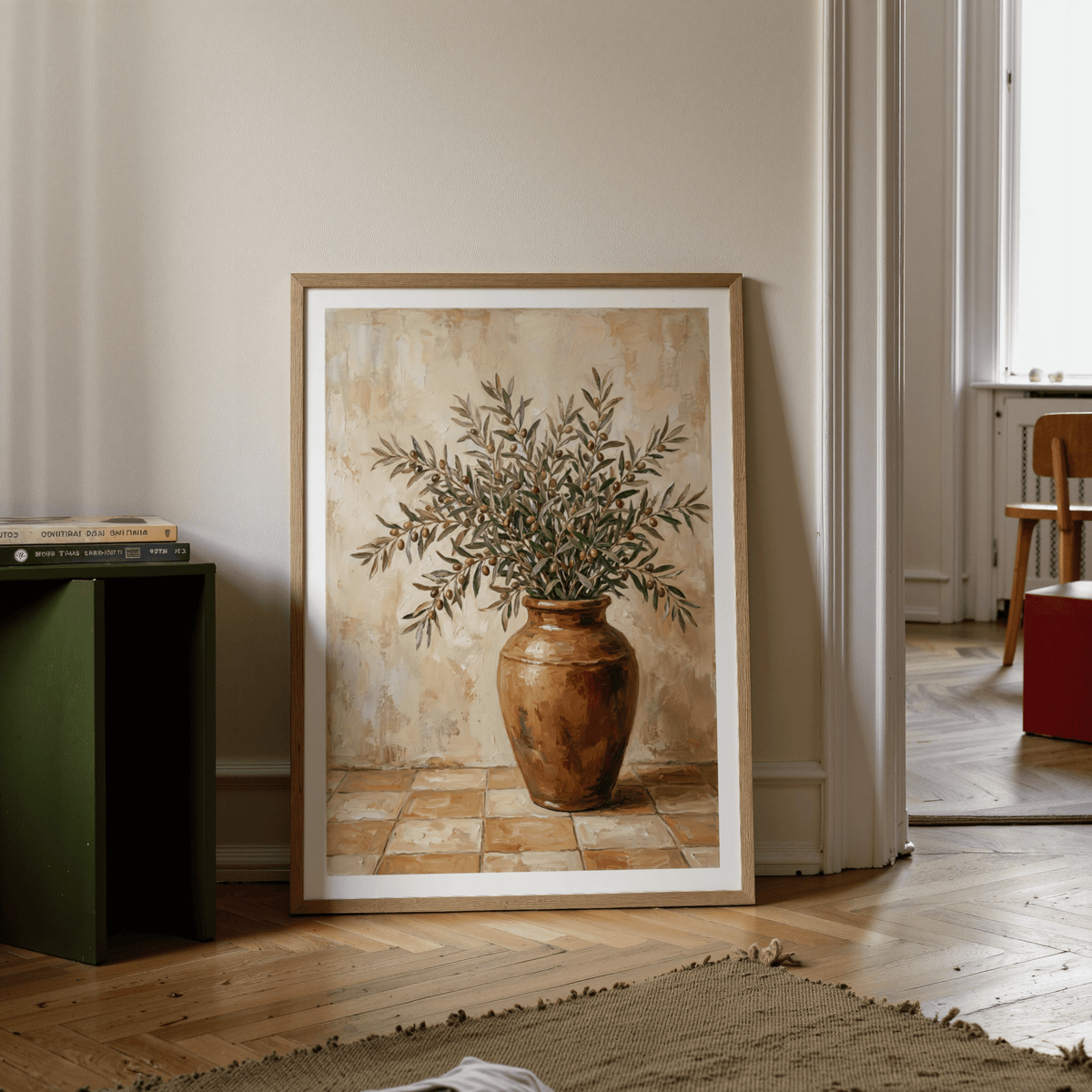 Rustic Olive Art print in green, orange, and white for entryway wall