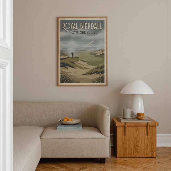 Close-up of typography on golf poster reading Royal Birkdale with vintage lettering