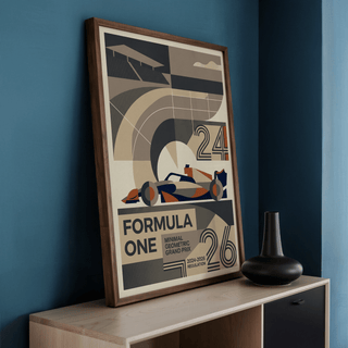 Angular Formula One Art Print featuring a simplified F1-style car profile beneath arched track shapes
