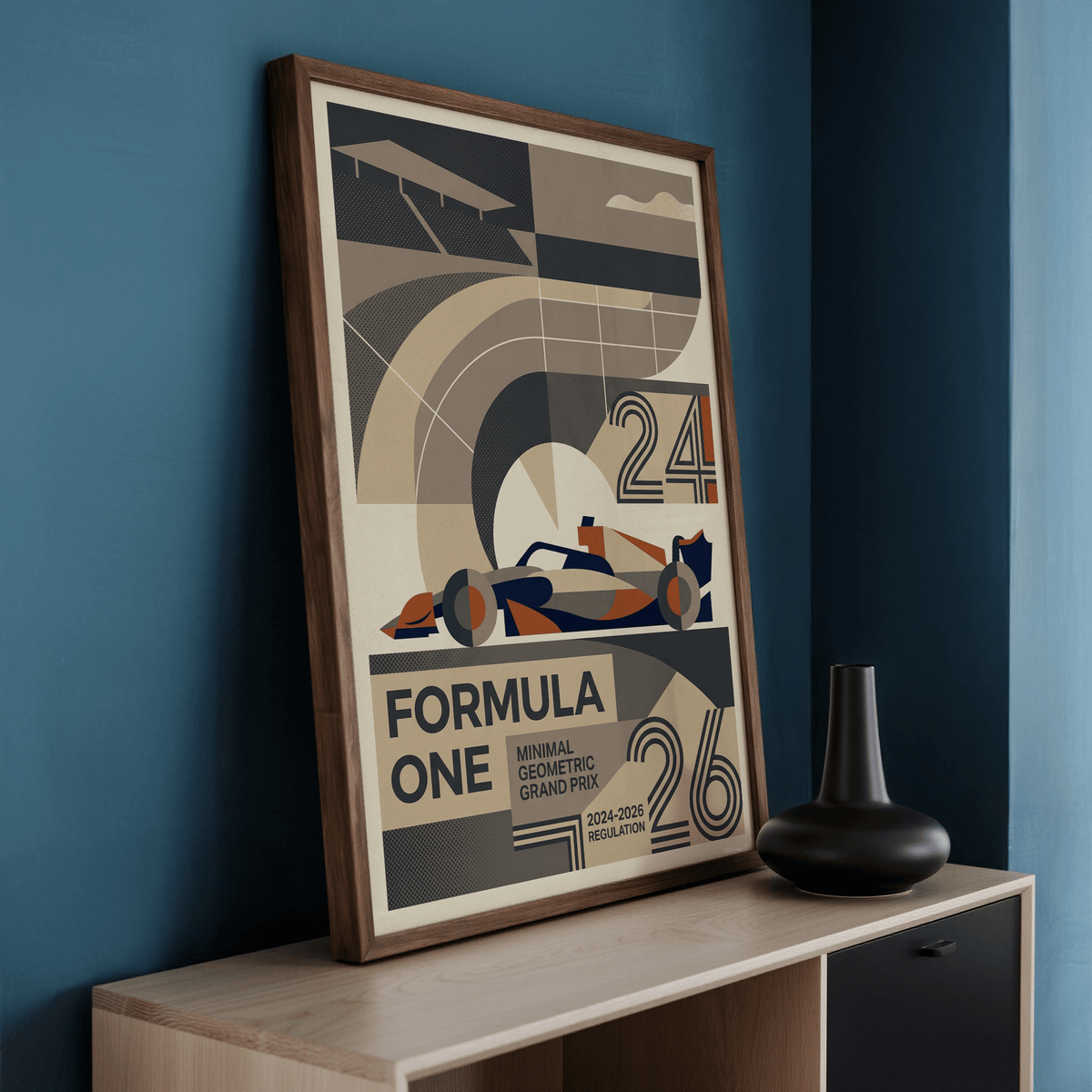 Angular Formula One Art Print featuring a simplified F1-style car profile beneath arched track shapes