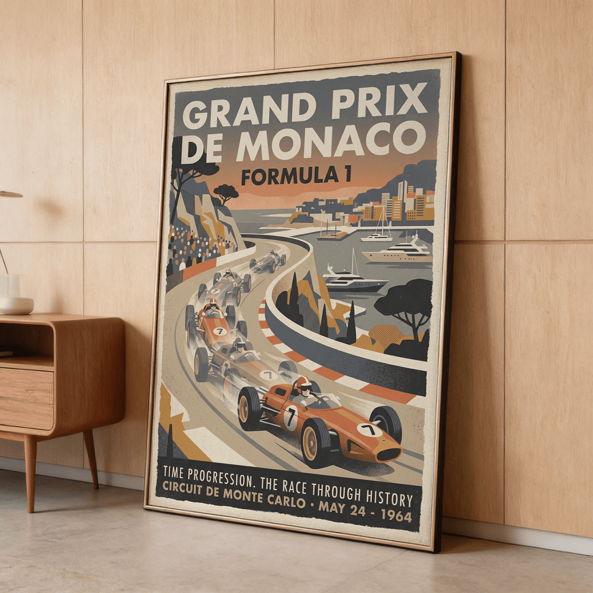 Formula 1 race cars navigate curved road beside yachts and grandstand