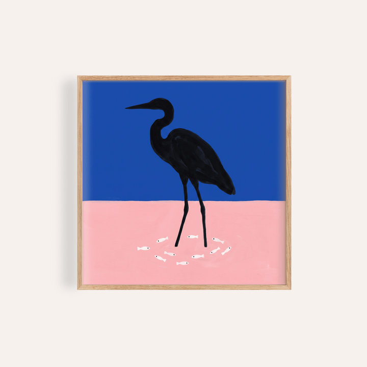 Heron Art Print with bold bird silhouette over color blocks