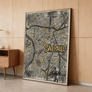 Detail view of Sao Paulo Map Art wall art with central city name typography and marker-style notes