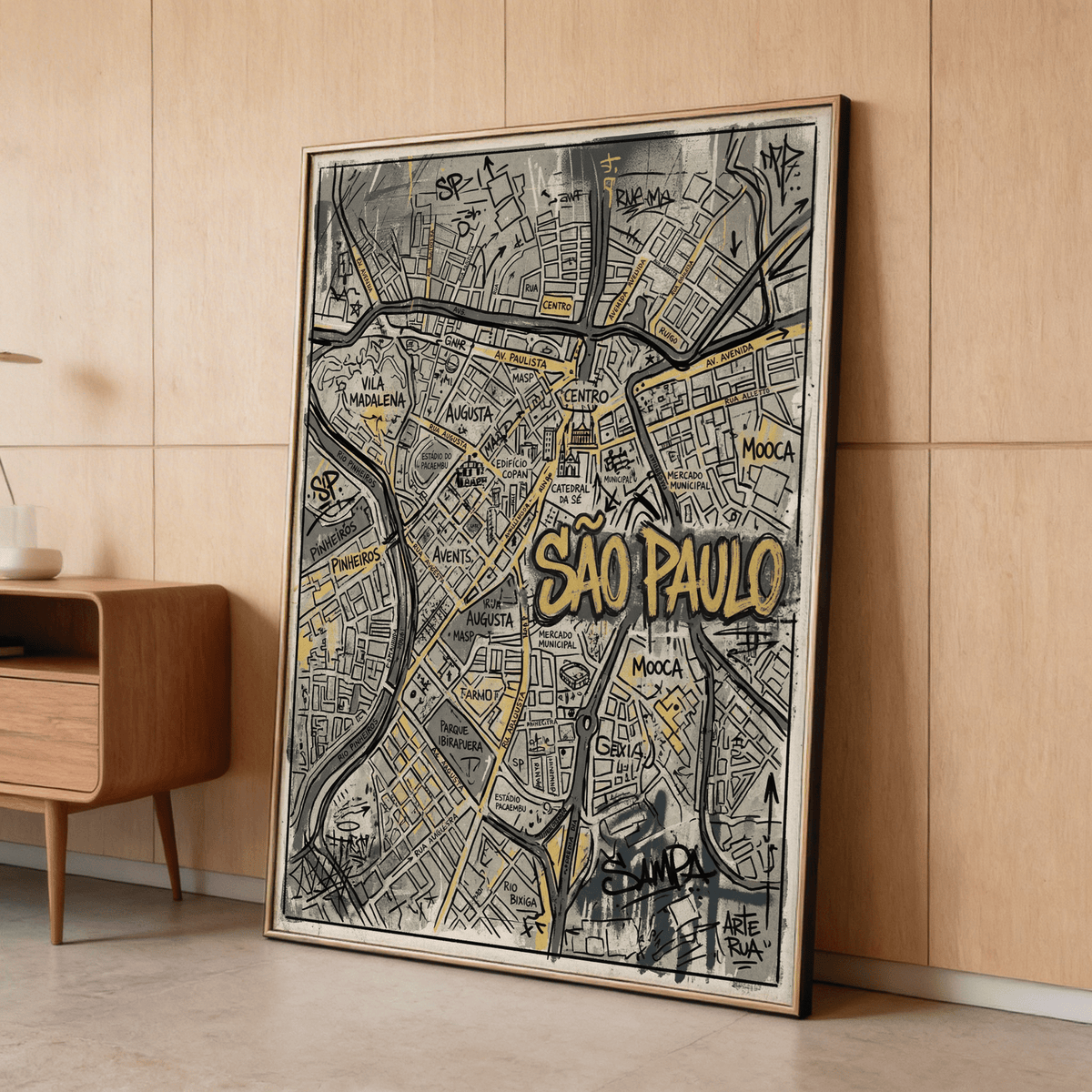 Detail view of Sao Paulo Map Art wall art with central city name typography and marker-style notes